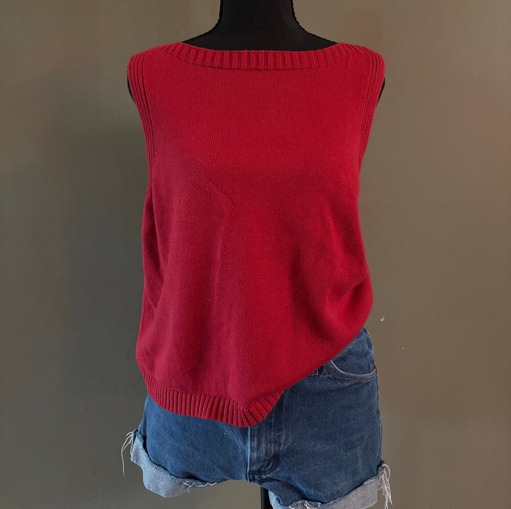 Vintage 90s Liz Claiborne Lizsport Red Boat Neck Knit Tank Top Sweater Vest